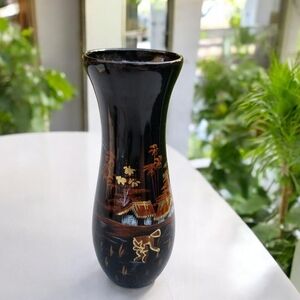 Vietnamese Wooden Vase Lacquared Black Gold Accents MCM Asian 8.5 Inch